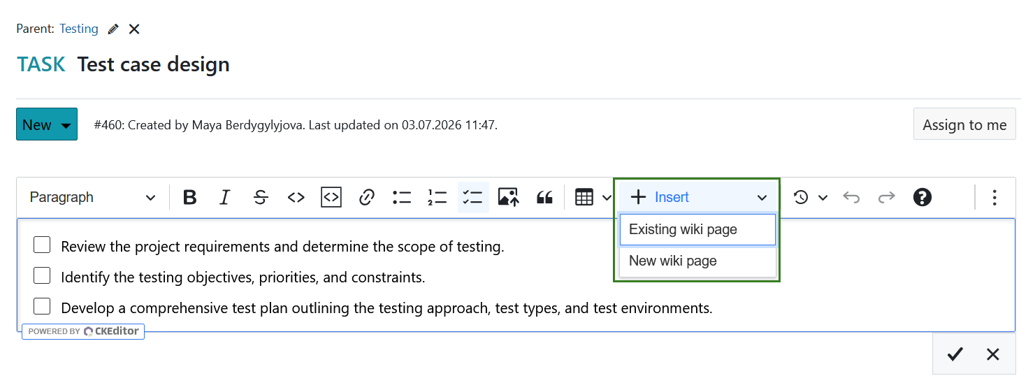 Menu Inserir com opções da página wiki abertas num CKEditor num pacote de trabalho do OpenProject