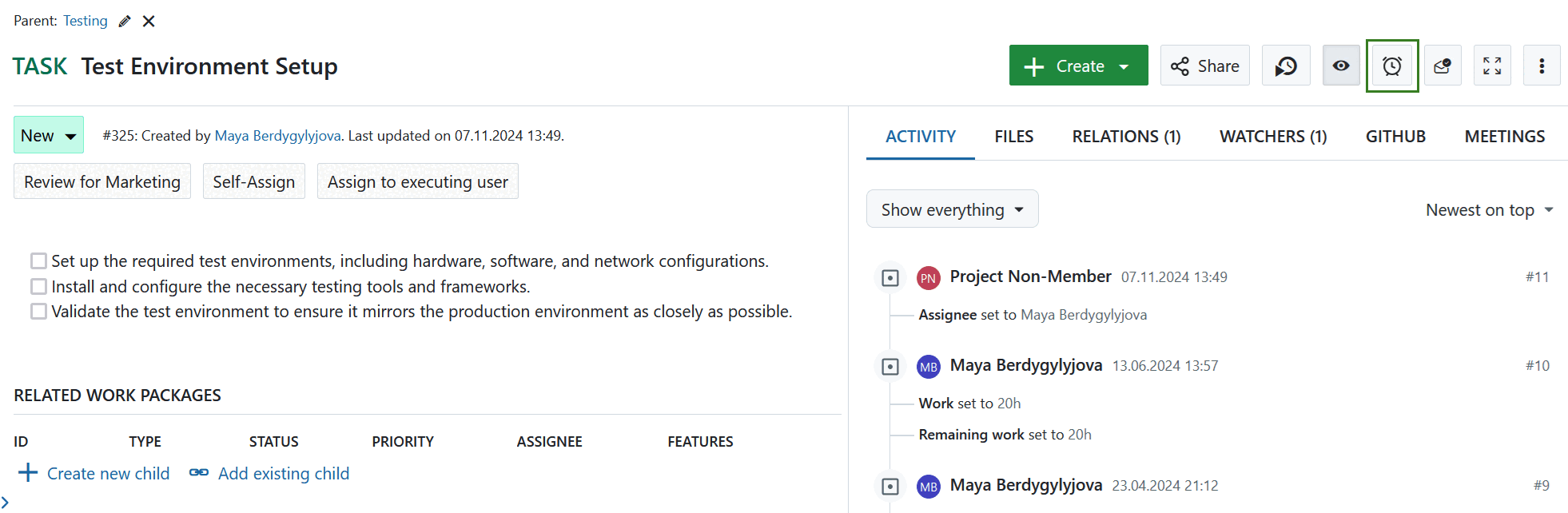 Icono recordatorio del paquete de trabajo en OpenProject