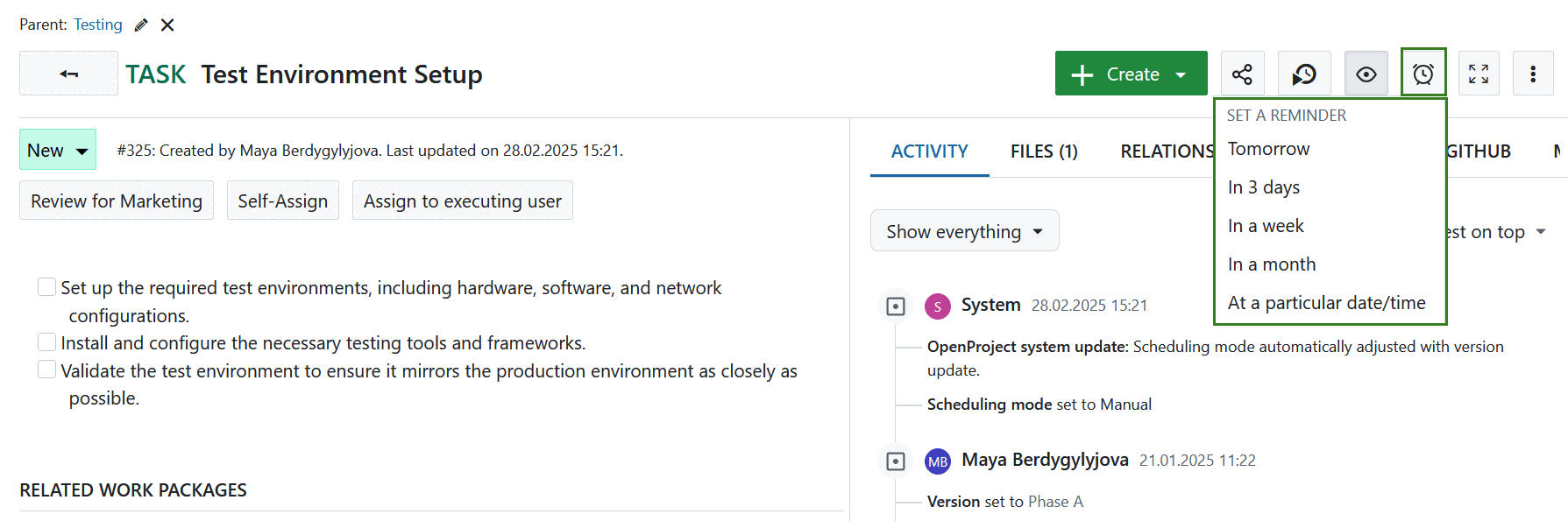 Pre-defined options for a work package reminder in OpenProject
