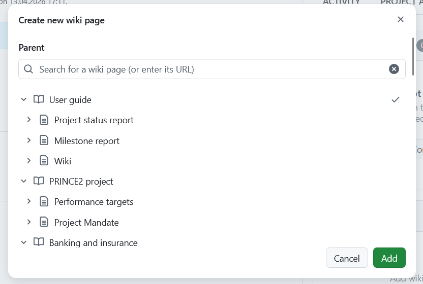 Select a parent wiki page