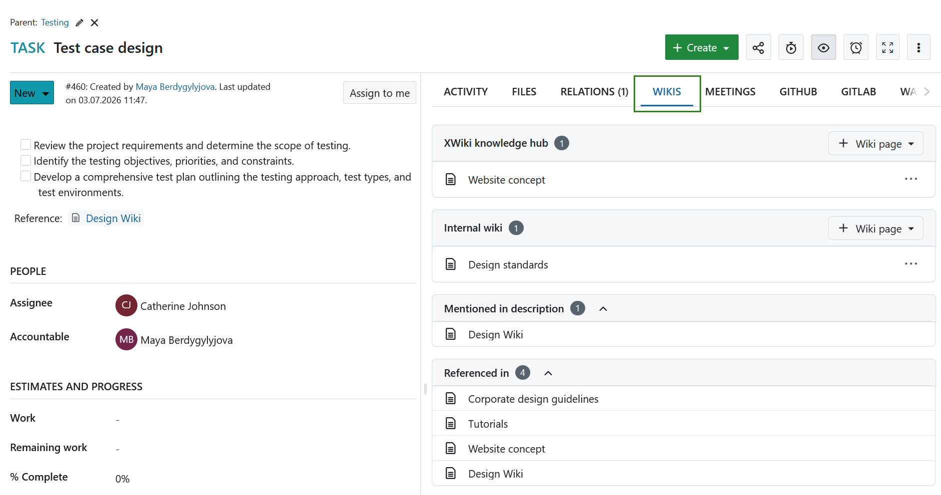 Separador Wikis a apresentar páginas wiki com ligações