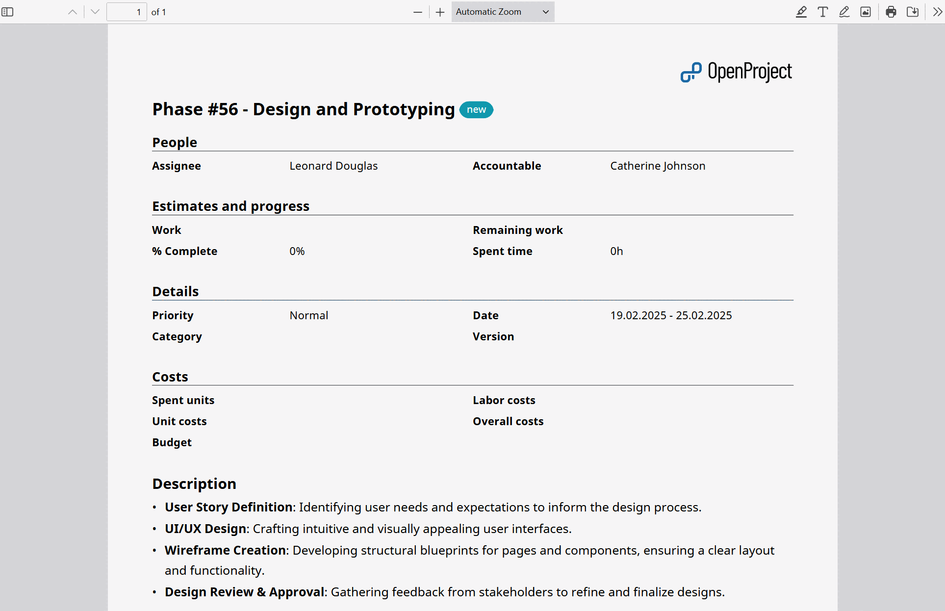 Exemple d’exportation d’un seul lot de travaux PDF dans OpenProject