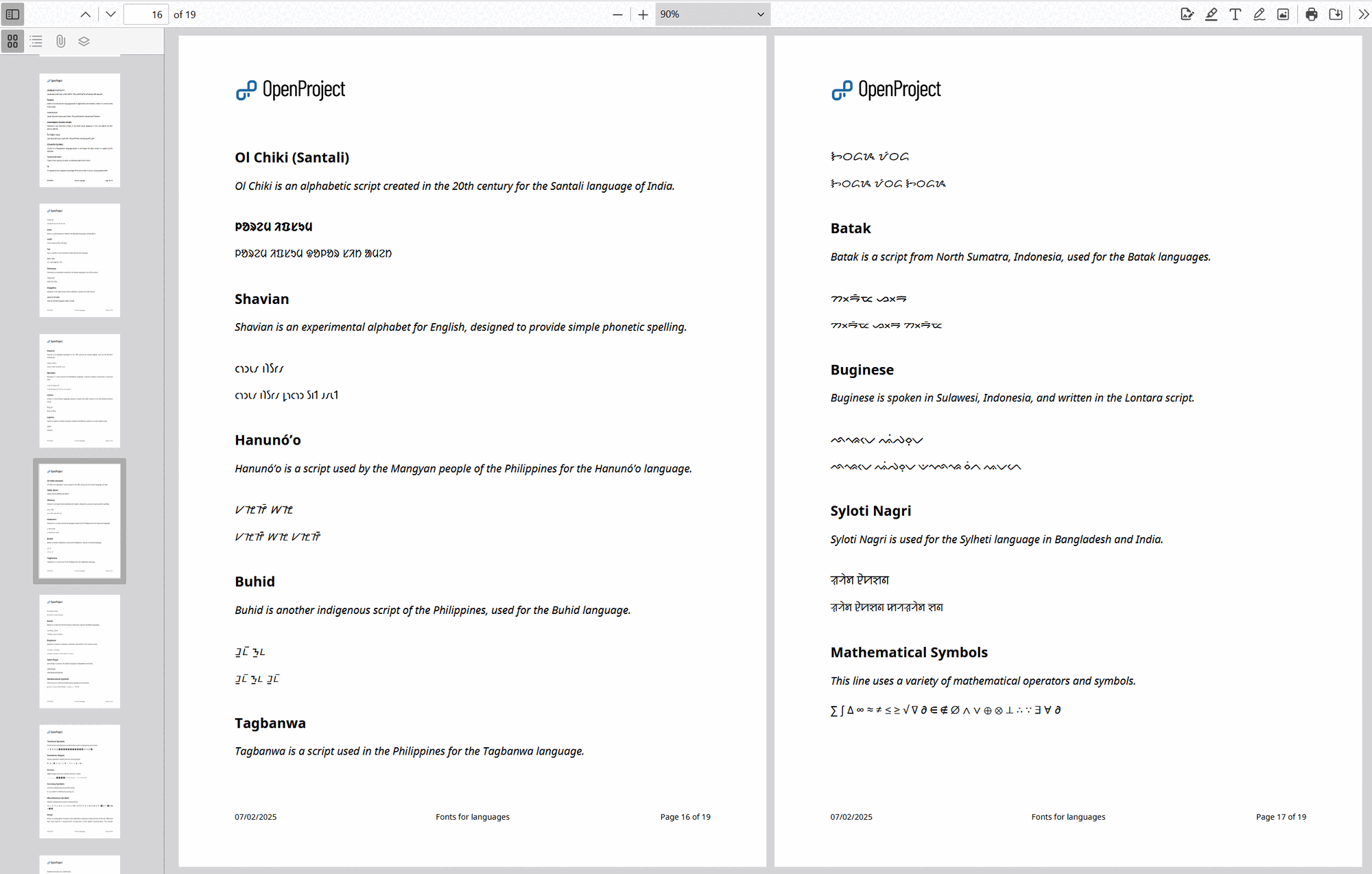 Exemple d’exportation PDF dans OpenProject qui inclut le texte lorem ipsum dans plusieurs langues et symboles mathématiques