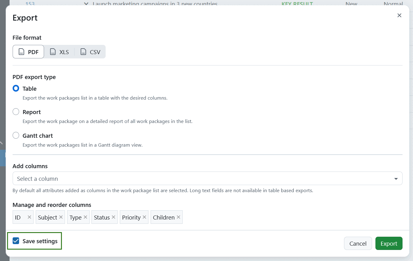 Case à cocher pour enregistrer les paramètres d’exportation dans la fenêtre modale d’exportation des lots de travaux dans OpenProject