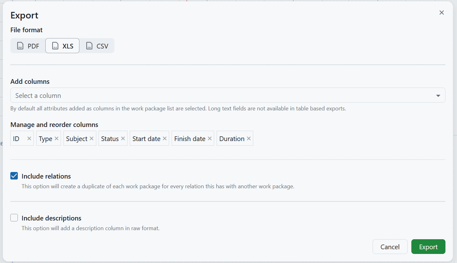 Exportation du lot de travaux au format Excel dans OpenProject