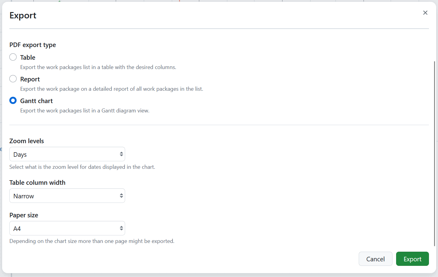 Exportation du diagramme de Gantt en PDF dans OpenProject