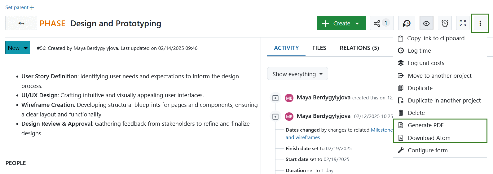 Options d’exportation d’un lot de travaux individuel dans OpenProject