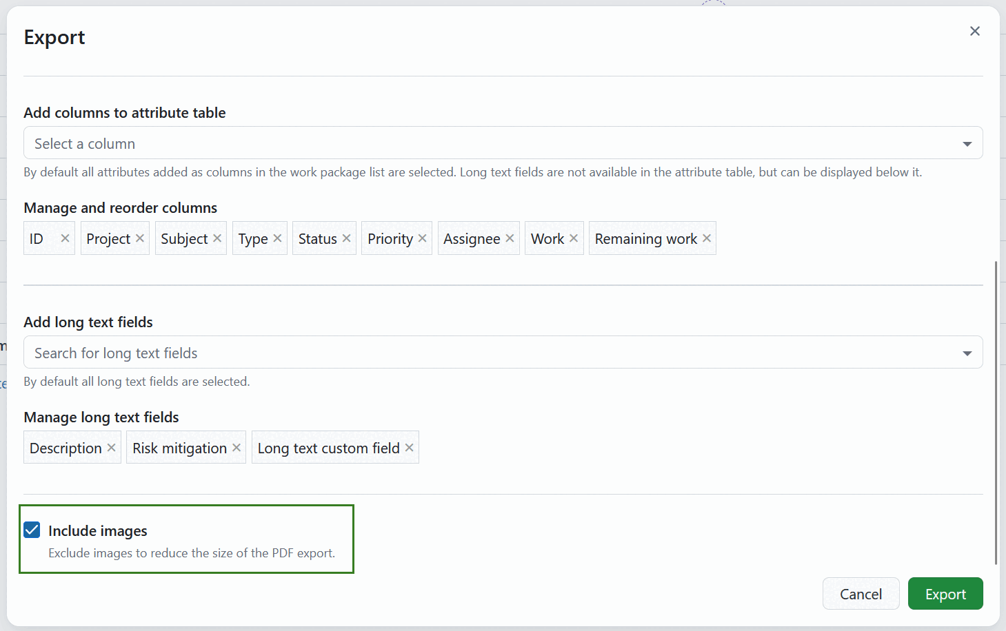 Inclure les images dans l’exportation des lots de travaux OpenProject