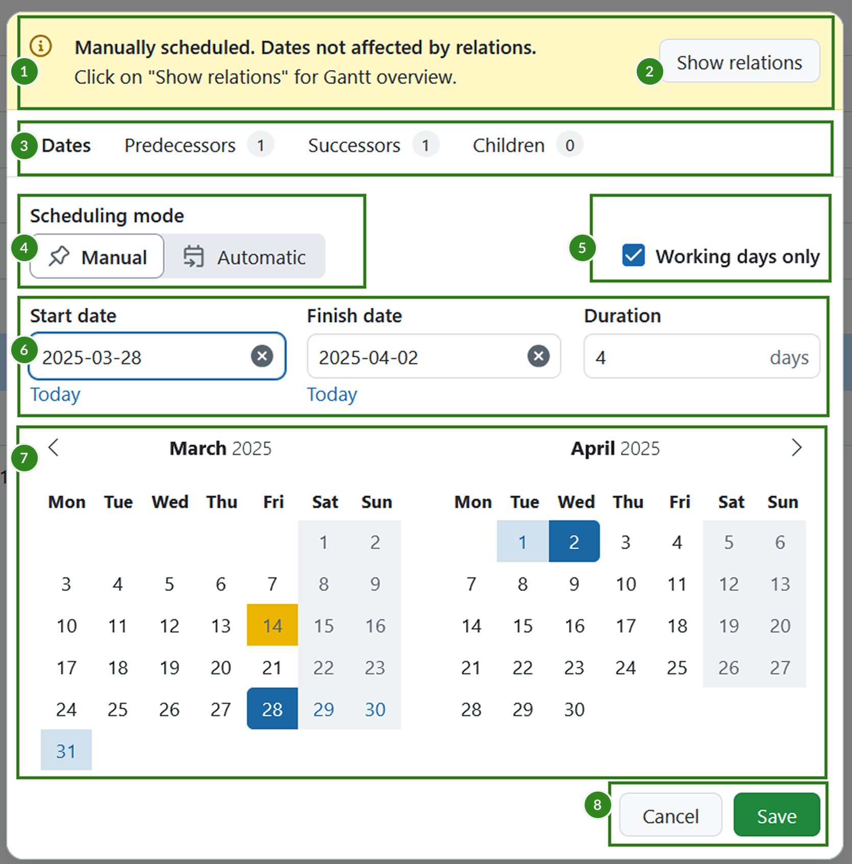 Le sélecteur de dates standard d’OpenProject avec différents éléments mis en évidence.