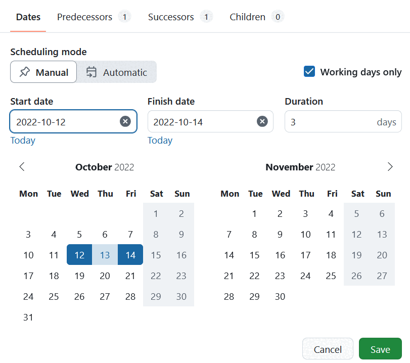Une durée de 3 jours dérivée automatiquement des dates de début et de fin
