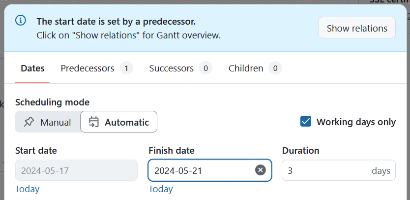 Une bannière bleue informe l’utilisateur que le lot de travaux est programmé automatiquement
