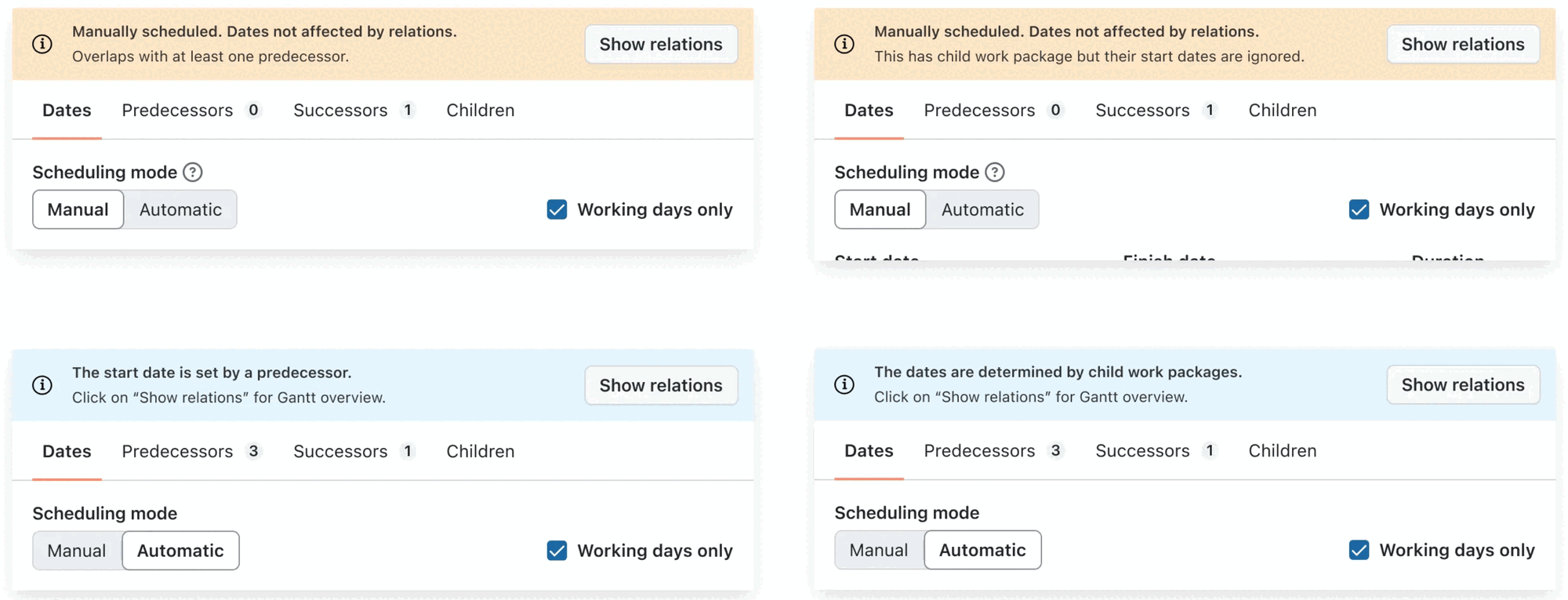 Exemples de quatre bannières d’information possibles dans le sélecteur de dates d’OpenProject