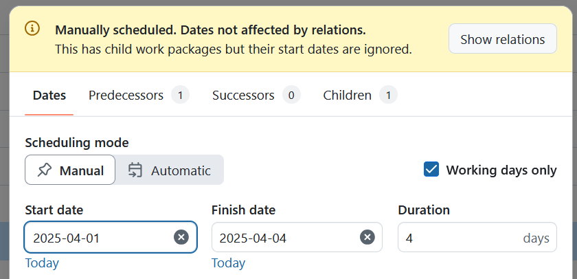Une bannière jaune avertissant l’utilisateur ou l’utilisatrice que la planification manuelle ignorera les relations existantes dans le sélecteur de dates d’OpenProject