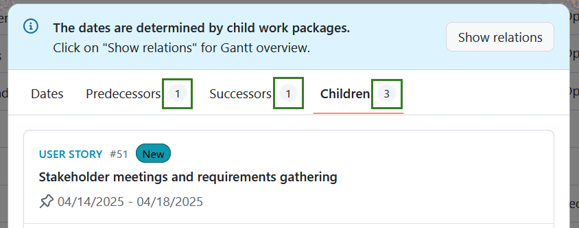 Sélecteur de dates dans le lot de travaux OpenProject avec un nombre en surbrillance ou des lots de travaux connexes comme indiqué à côté du nom de l’onglet