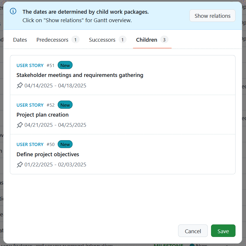 Onglet du sélecteur de dates dans un lot de travaux OpenProject avec l’onglet enfants ouvert et montrant les lots de travaux des enfants