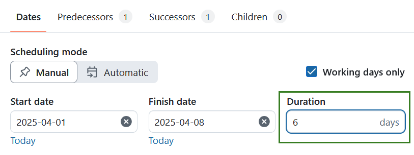 Le champ Durée se trouve à droite de la date de fin dans le sélecteur de dates d’OpenProject