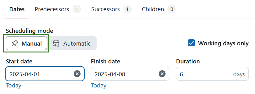 Un bouton sur le sélecteur de dates vous permet d’activer le mode de planification manuel dans OpenProject