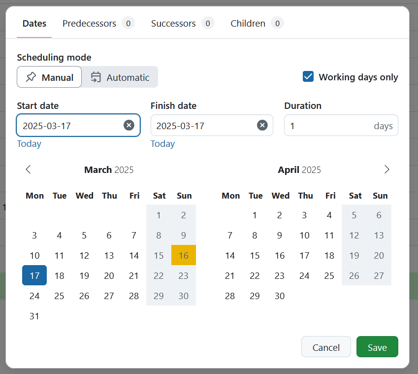 Sélecteur de dates avec les mêmes dates de début et de fin dans OpenProject