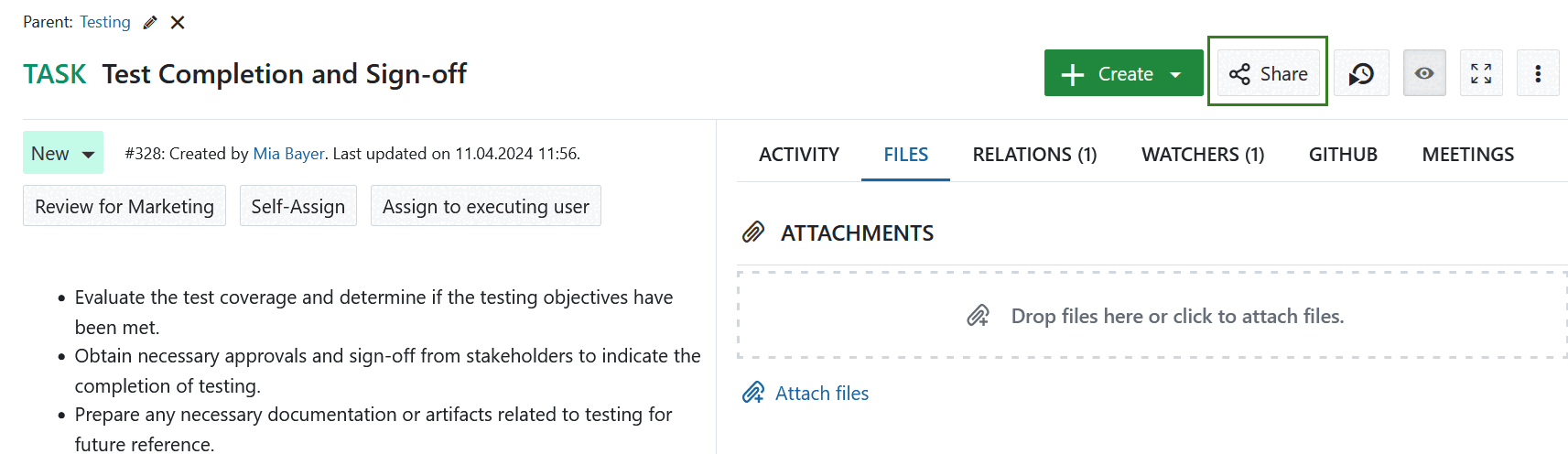 Botón Compartir en paquetes de trabajo de OpenProject