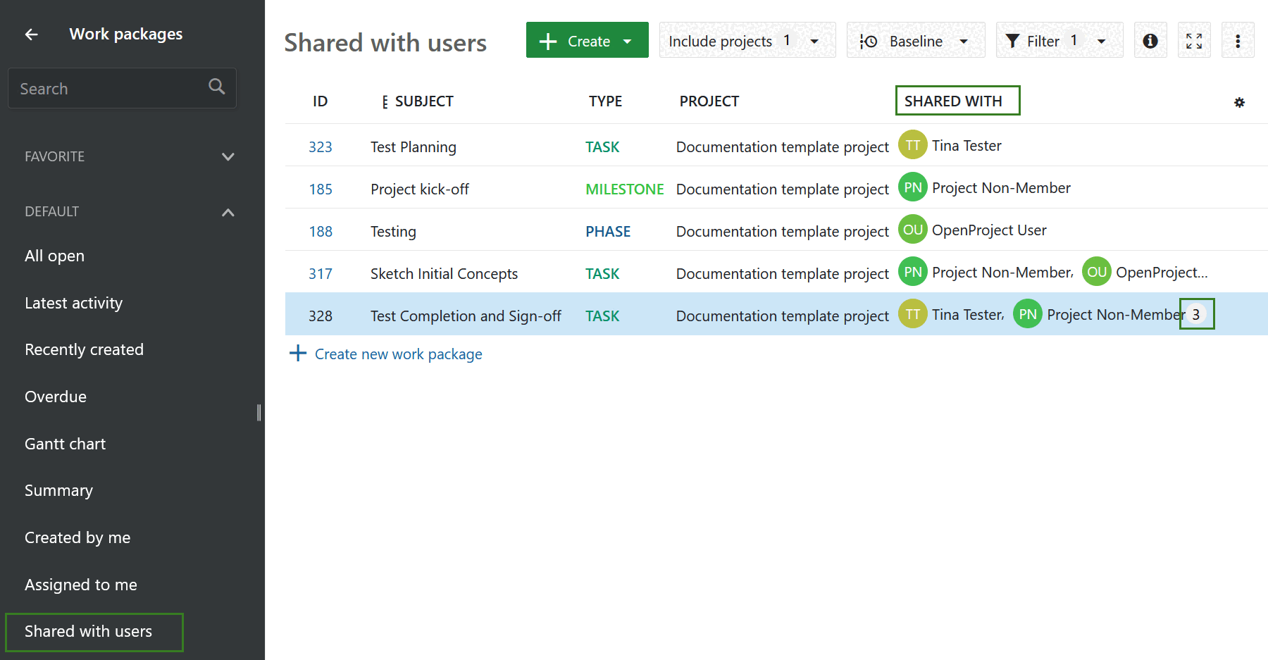Filtro para paquetes de trabajo compartidos con otros usuarios en OpenProject