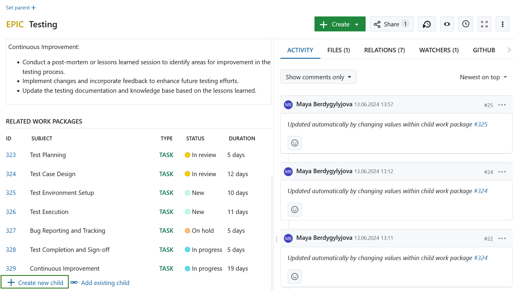 Una tabla de paquetes de trabajo relacionados en OpenProject