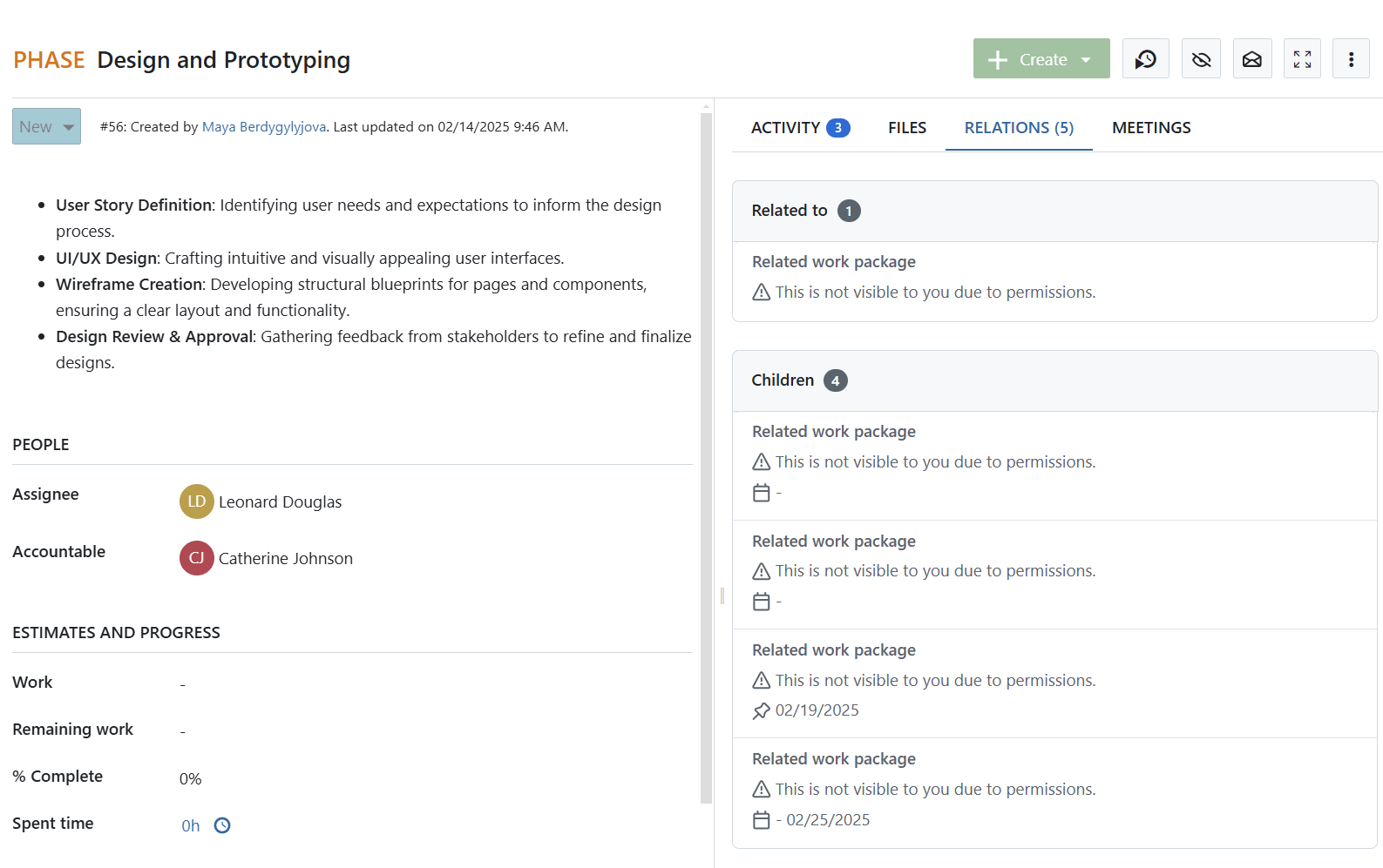 Ejemplo de relaciones de paquetes de trabajo mostradas en la pestaña Relaciones para un usuario con permisos limitados en OpenProject
