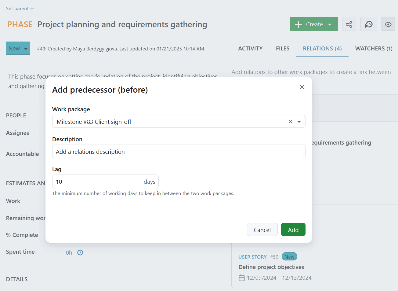 Añadir un paquete de trabajo sucesor en OpenProject