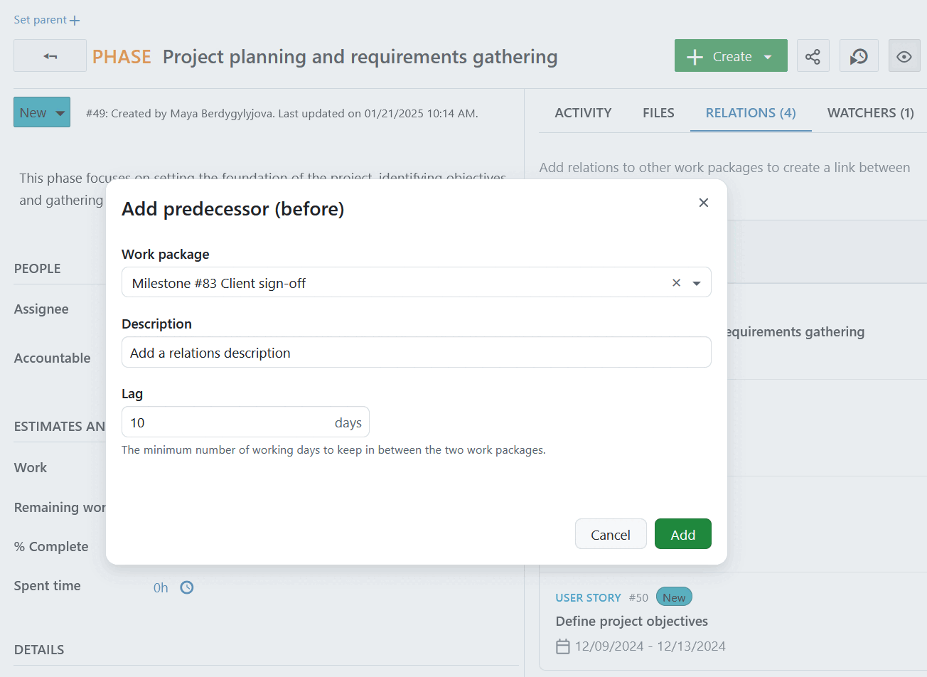 Adicionar um pacote de trabalho sucessor no OpenProject