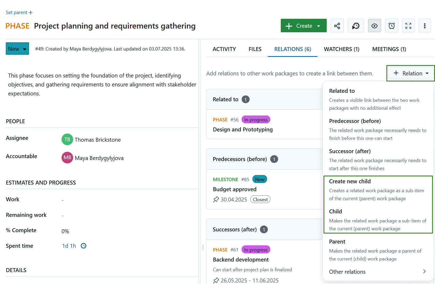 Añadir un elemento secundario a un paquete de trabajo en OpenProject