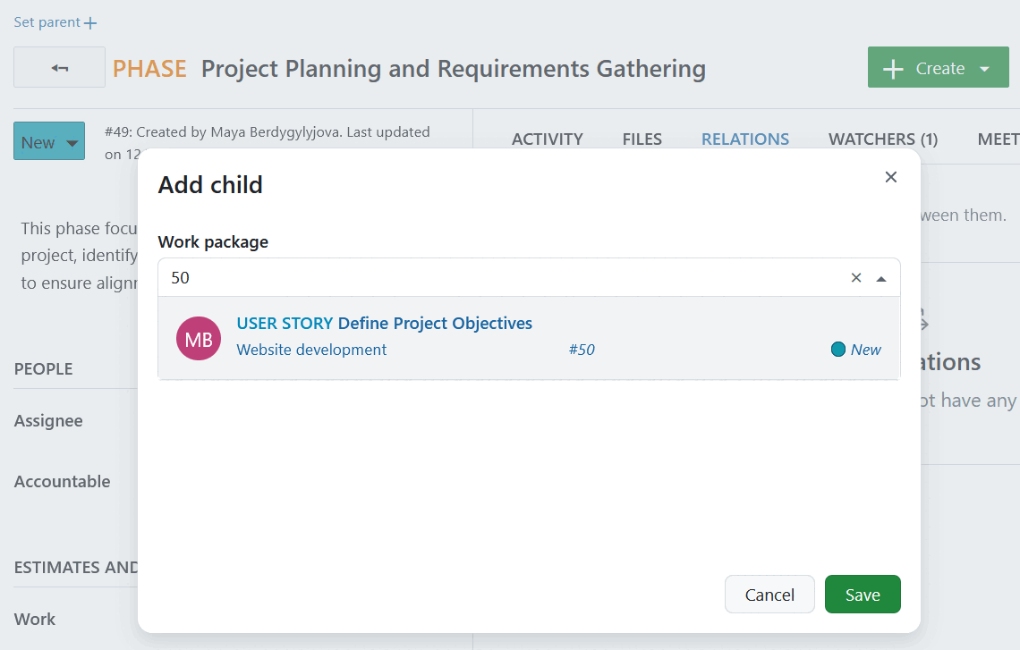 Selecionar um pacote de trabalho secundário no OpenProject