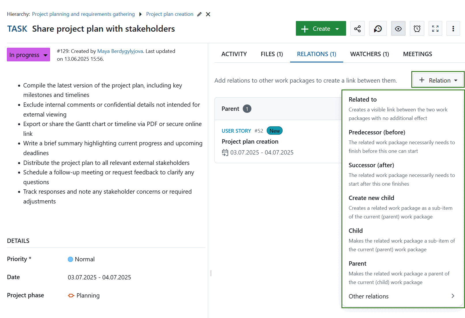 Botón «Añadir relaciones» en la pestaña Relaciones de un paquete de trabajo de OpenProject