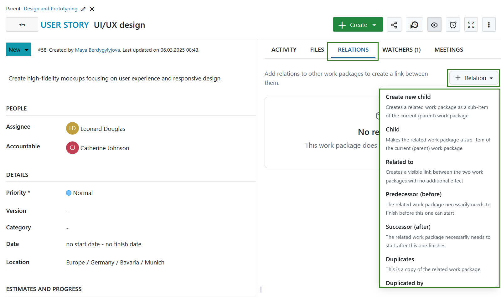 “Add relations” button under Relations tab in an OpenProject work package