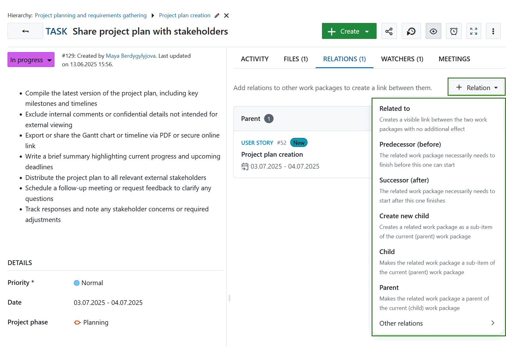 Botão “Adicionar relações” no separador Relações de um pacote de trabalho do OpenProject