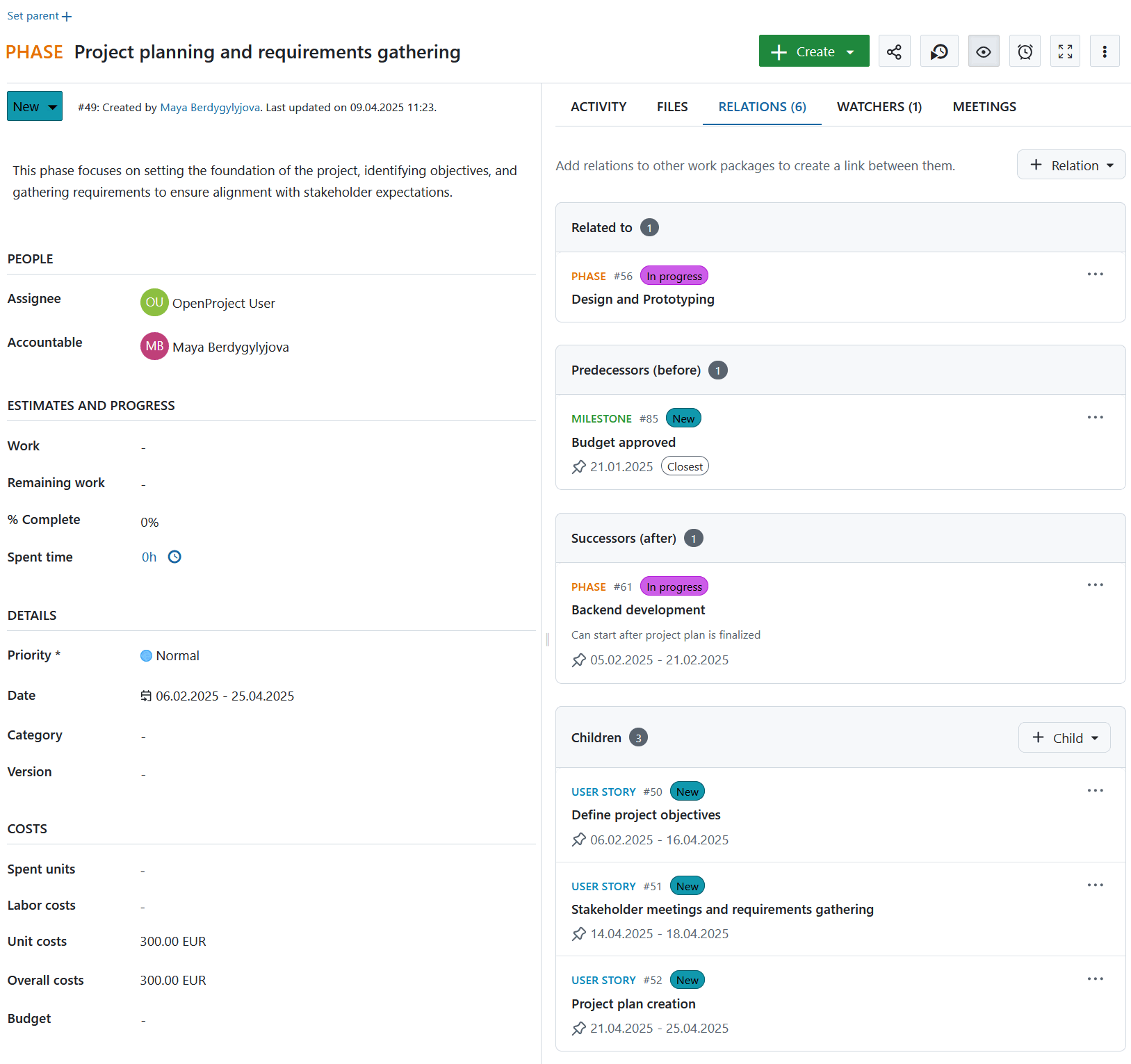Relaciones del paquete de trabajo mostradas en la pestaña Relaciones en OpenProject