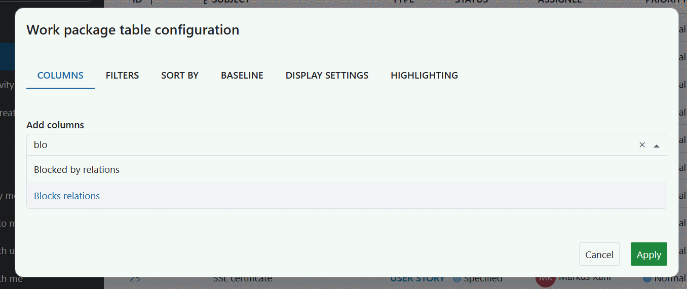 pacote de trabalho adicionar relação como coluna