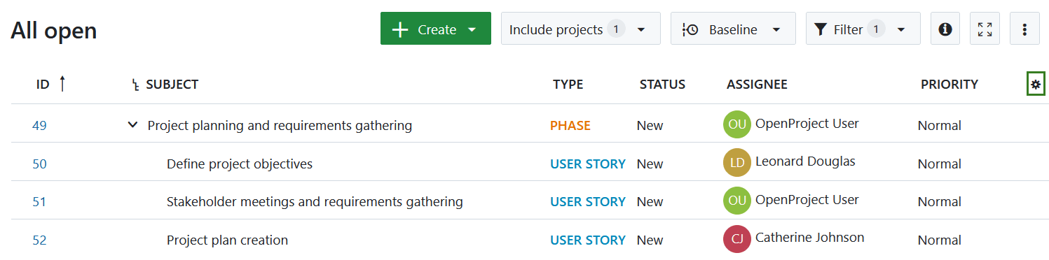 Einstellungssymbol zum Öffnen der Arbeitspakettabellen-Konfiguration