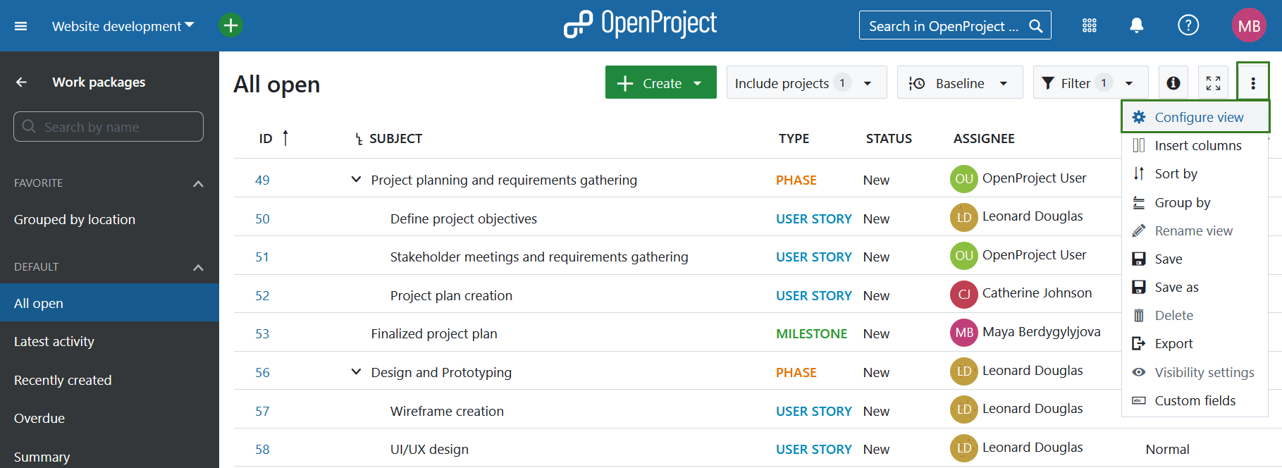 Option to configure work package table view in work packages table settings dropdown menu