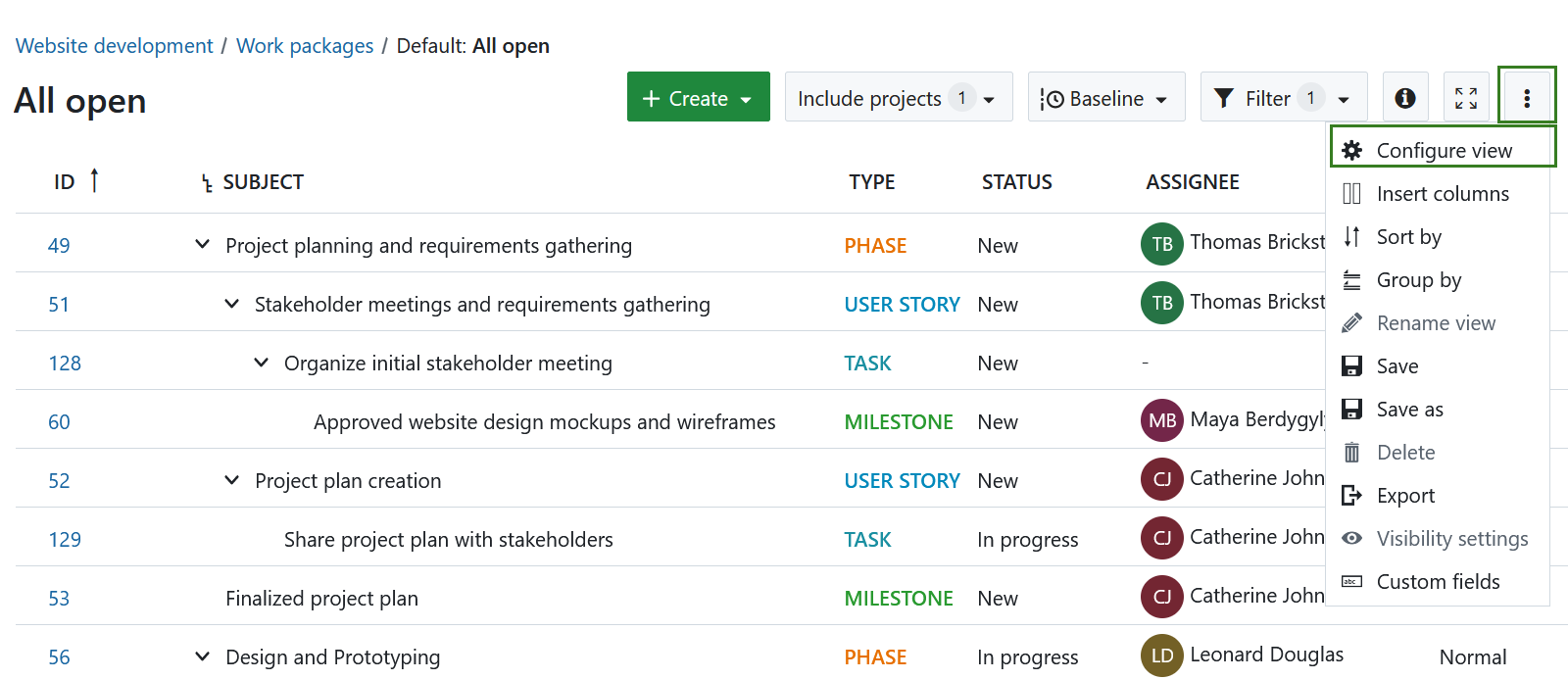 Opción para configurar la vista de la tabla de paquetes de trabajo en el menú desplegable de configuración de la tabla de paquetes de trabajo