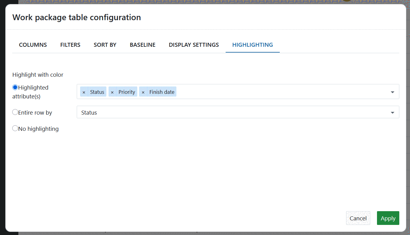 Highlighting settings in work package configuration table in OpenProject
