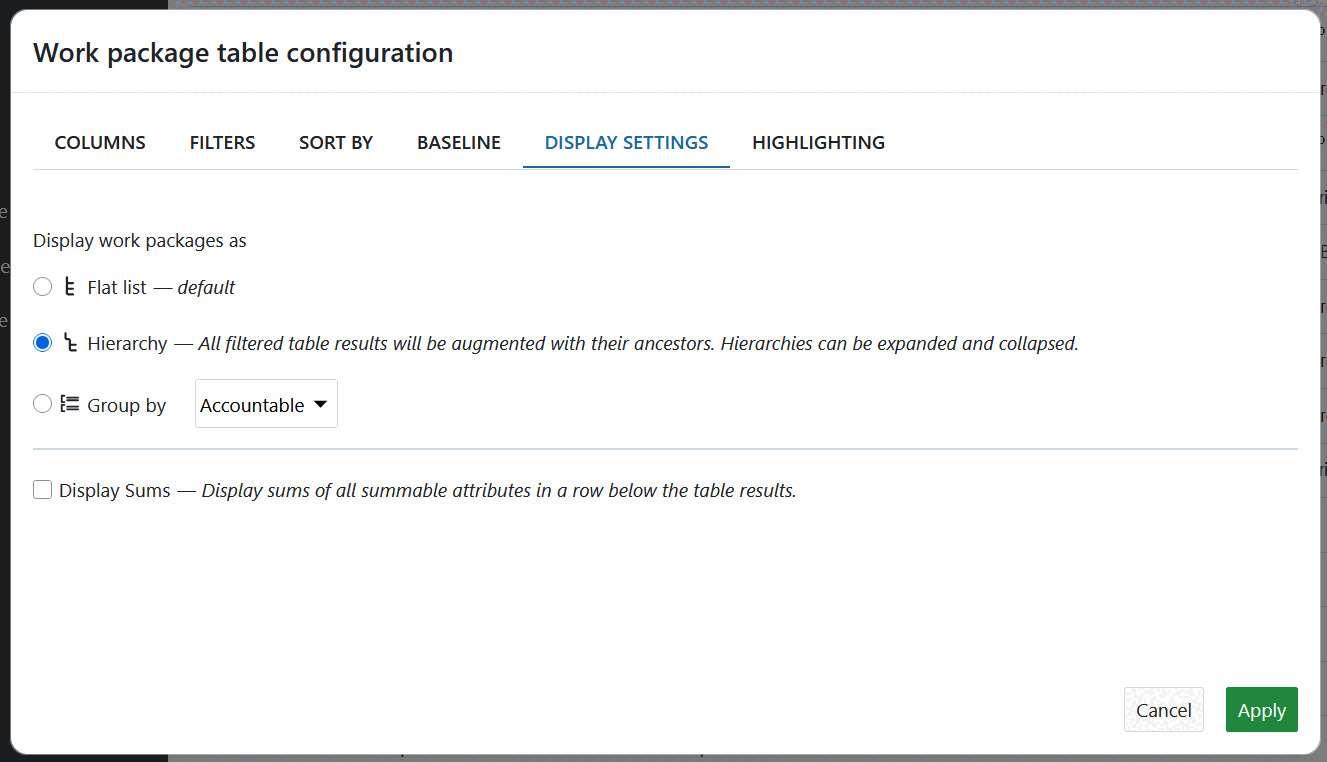 Display settings in work package table configuration in OpenProject