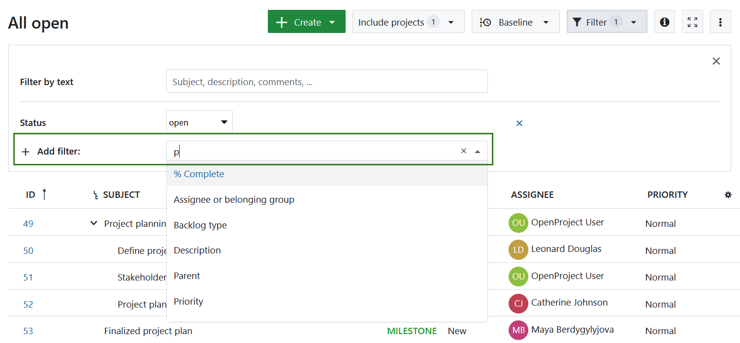 Formulaire pour ajouter de nouveaux filtres à un tableau de lots de travaux dans OpenProject