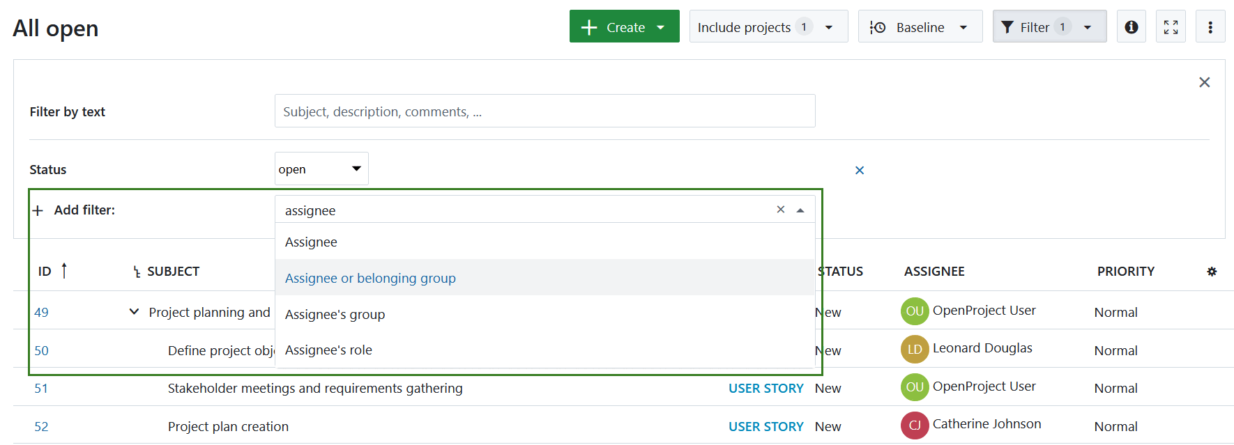 Filter a work package table by work package assignee