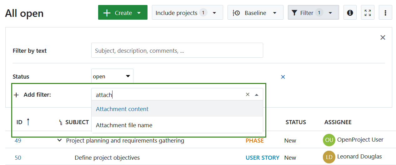 Filter a work package table by work package assignee