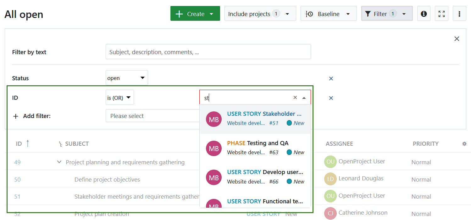 Filter a work package table by work package ID