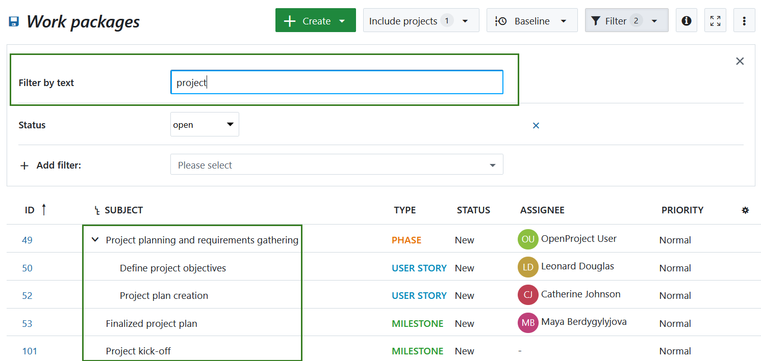 Filtrer le tableau des lots de travaux OpenProject par texte