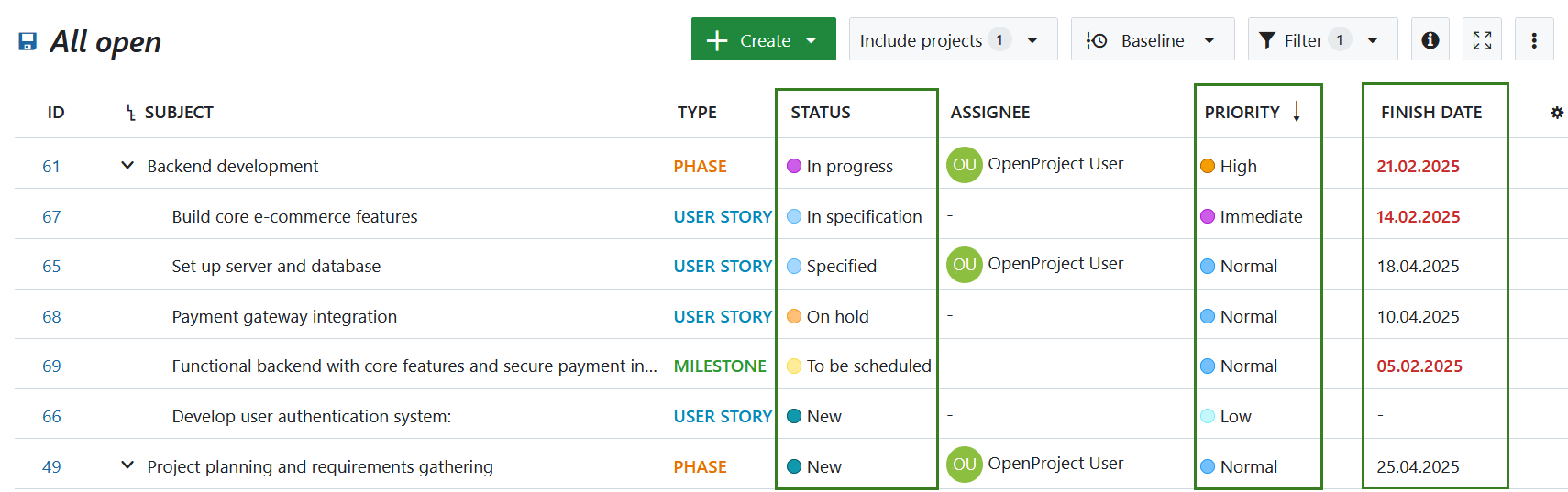 Attribute highlighting applied to a work package table in OpenProject