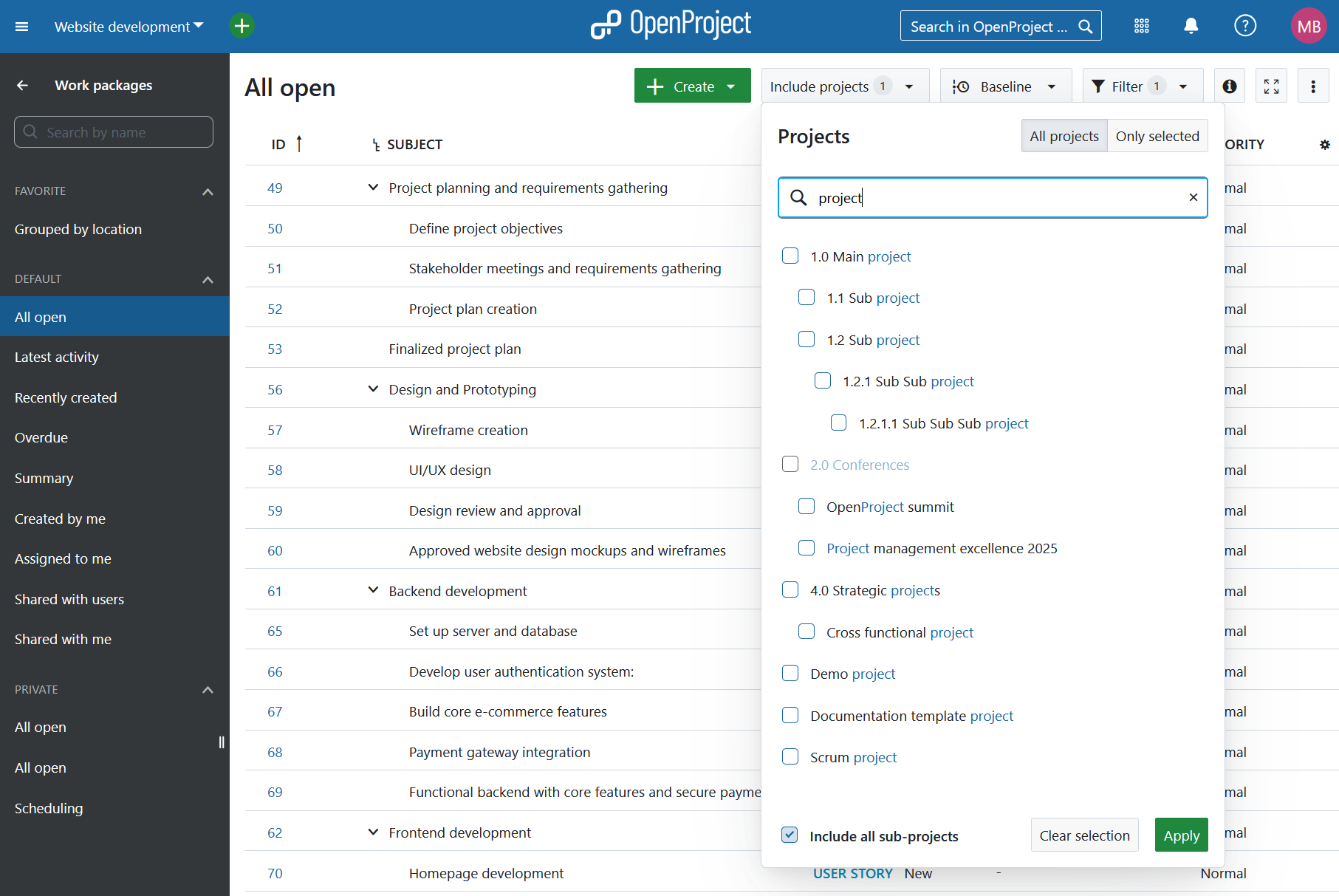 Filter to include sub-projects into a work package table in OpenProject