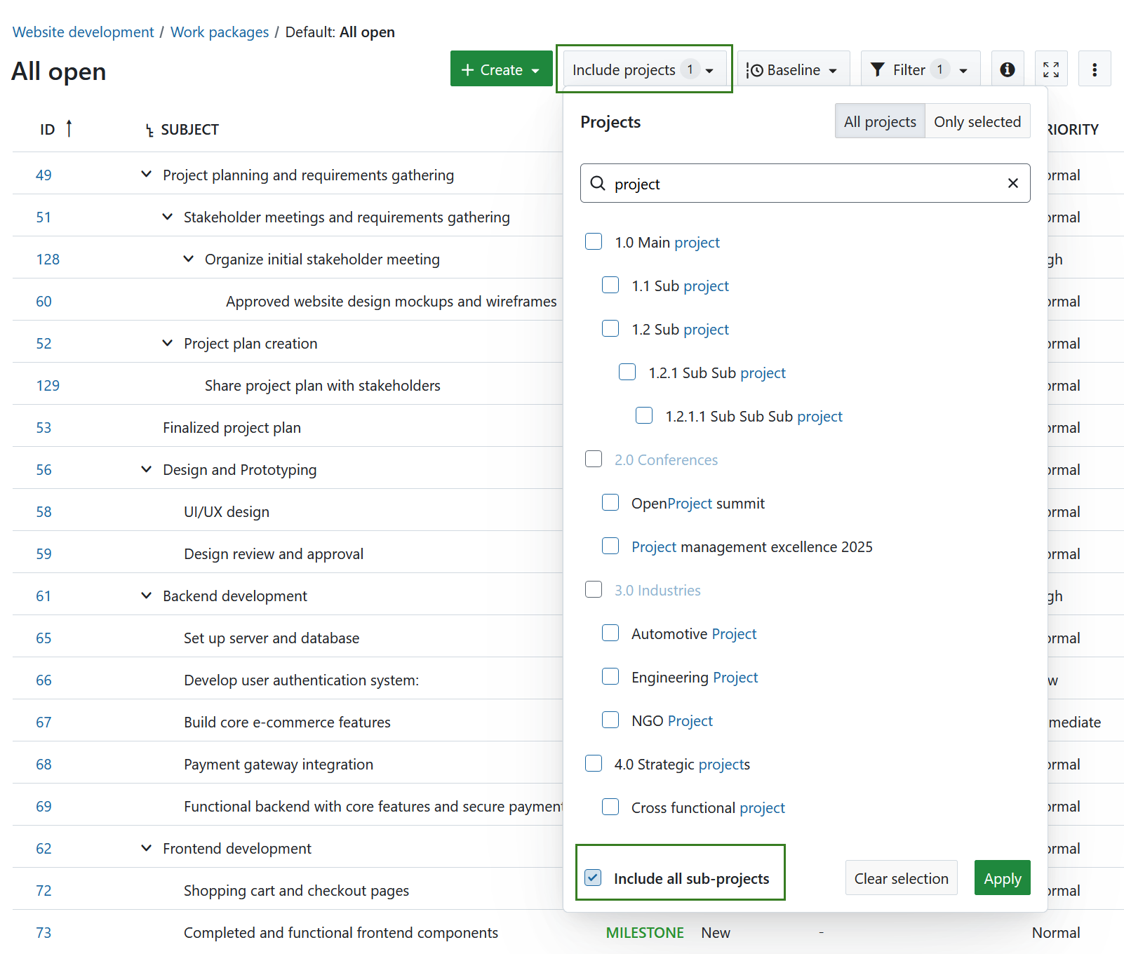 Filtro para incluir subproyectos en una tabla de paquetes de trabajo en OpenProject