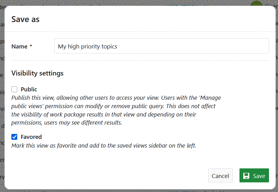 Form to save a configured work package table view in OpenProject