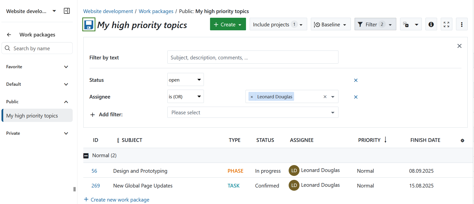 Icono de guardar junto al nombre de la tabla de paquetes de trabajo en OpenProject